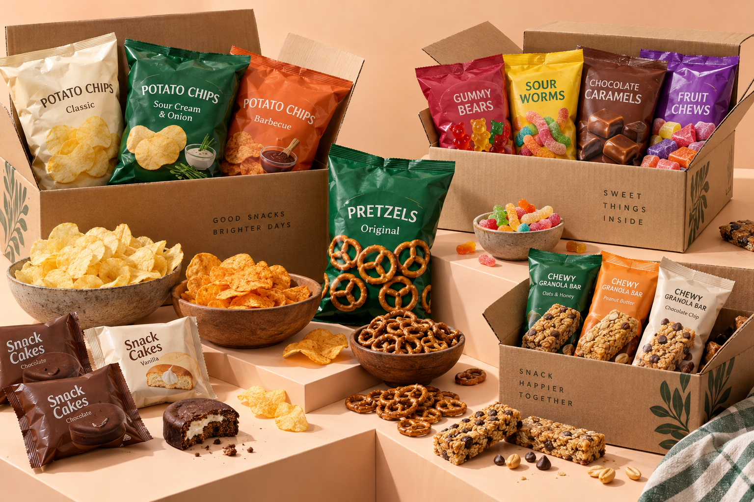 An assortment of packaged chips, snack cakes, pretzels and candy arranged in wholesale cases