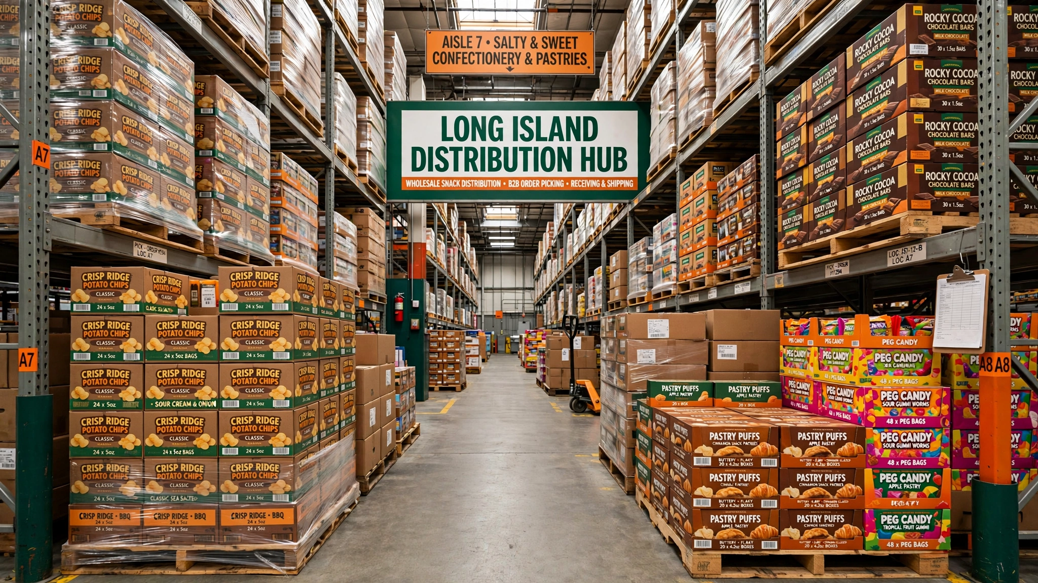 Suffolk Wholesale Snacks distribution warehouse aisles and pallet stacks in Hauppauge, NY