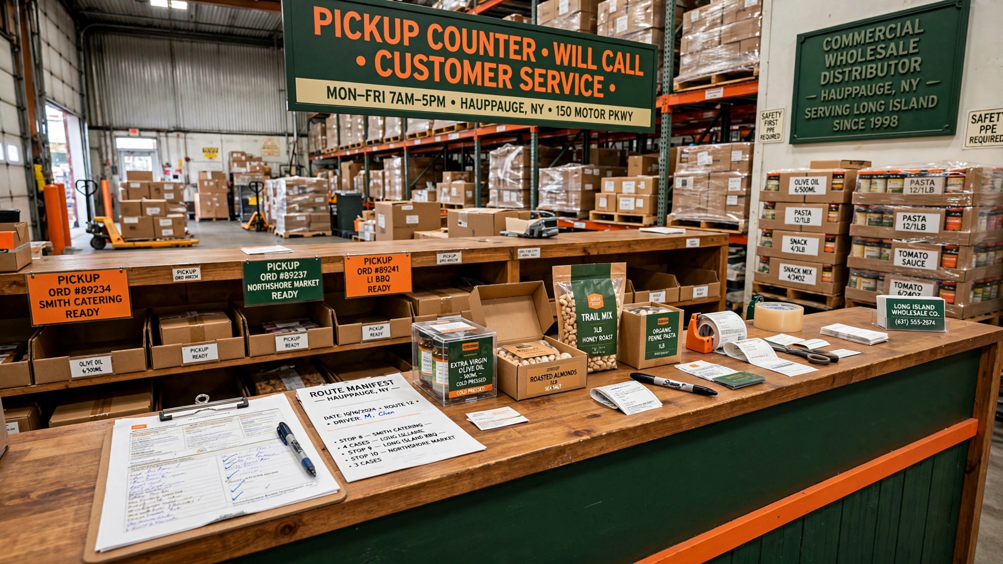 Suffolk Wholesale Snacks customer pickup counter and will-call trade desk in Hauppauge, NY